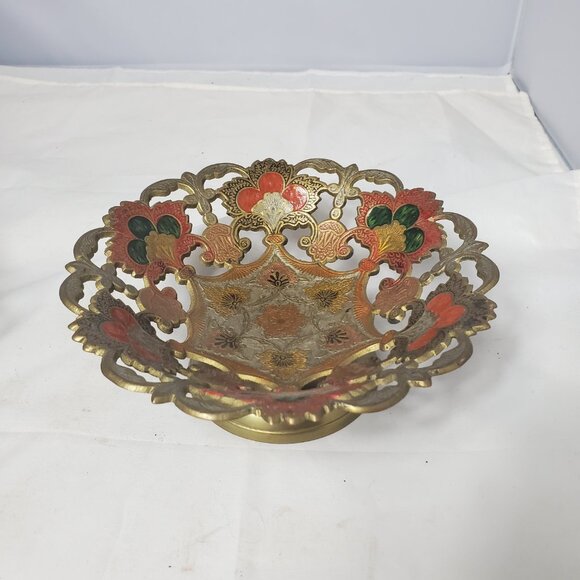 PENCO Industries Vintage Ornate ENAMELED BRASS CANDLESTICK HOLDER and 6" BOWL - Picture 2 of 7